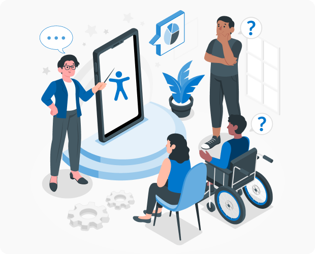 An illustration of a group brainstorming around a mobile device. A person is speaking and some participants have questions.