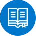 A blue circular icon featuring an open book, symbolizing knowledge, learning, or documentation.