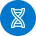 A blue circular icon with a DNA helix, representing genetics, innovation, or research.
