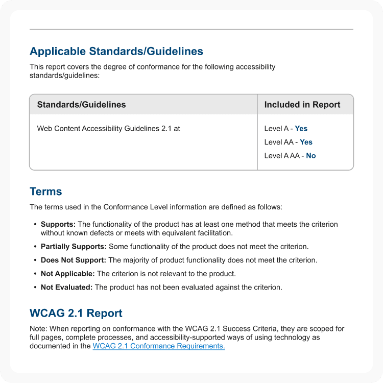 VPAT report section showing applicable accessibility standards, terms definitions, and WCAG 2.1 report guidelines for conformance evaluation.