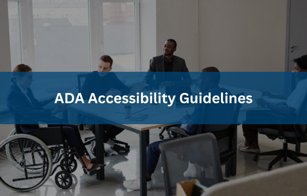 A diverse group of professionals engaged in a meeting at a modern conference table, discussing ADA Accessibility Guidelines.