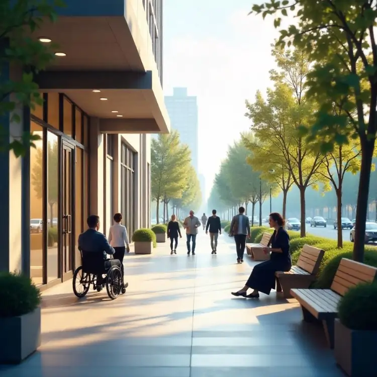 A vibrant urban sidewalk scene with pedestrians, a person in a wheelchair, and a woman reading on a bench amidst trees and modern buildings, illustrating the Built Environment Accessibility Audit in action.