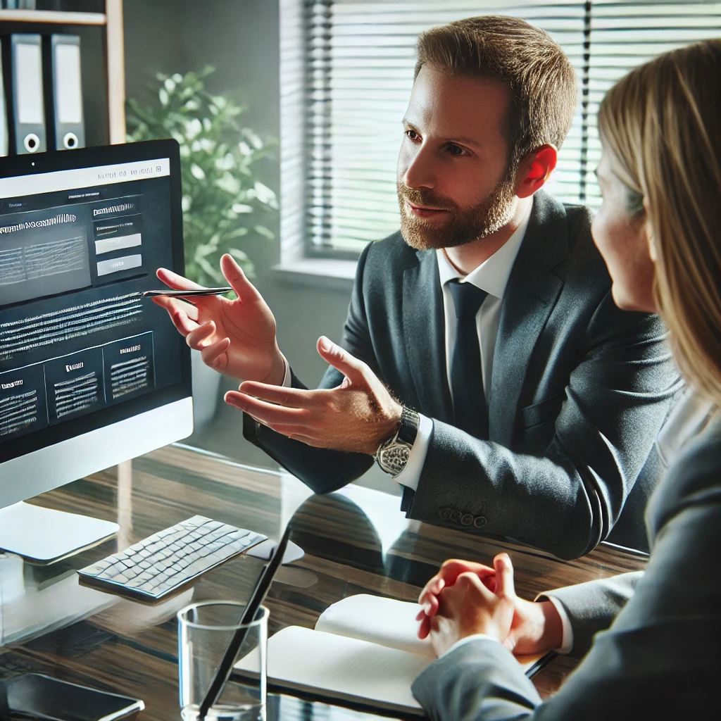 Expert Website Accessibility Consultant leading a business meeting in a modern office, presenting information on a computer screen while the other participant listens attentively.