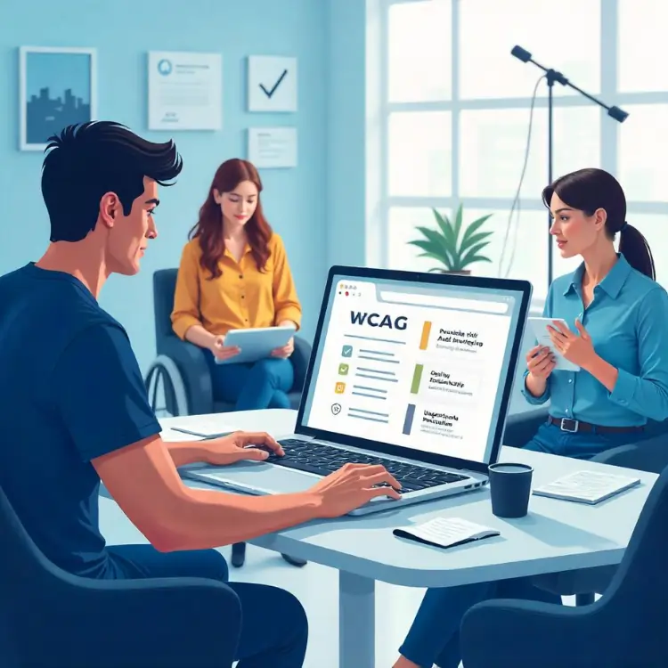 A person using a laptop at a meeting table, displaying WCAG guidelines, with two colleagues engaged in discussion—representing website accessibility audit services.