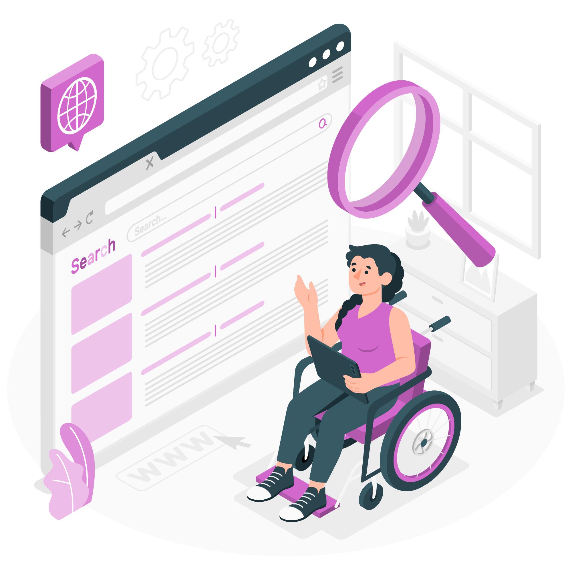 Illustration of a woman in a wheelchair using a tablet, symbolizing website accessibility testing services, inclusive web design, and search optimization.
