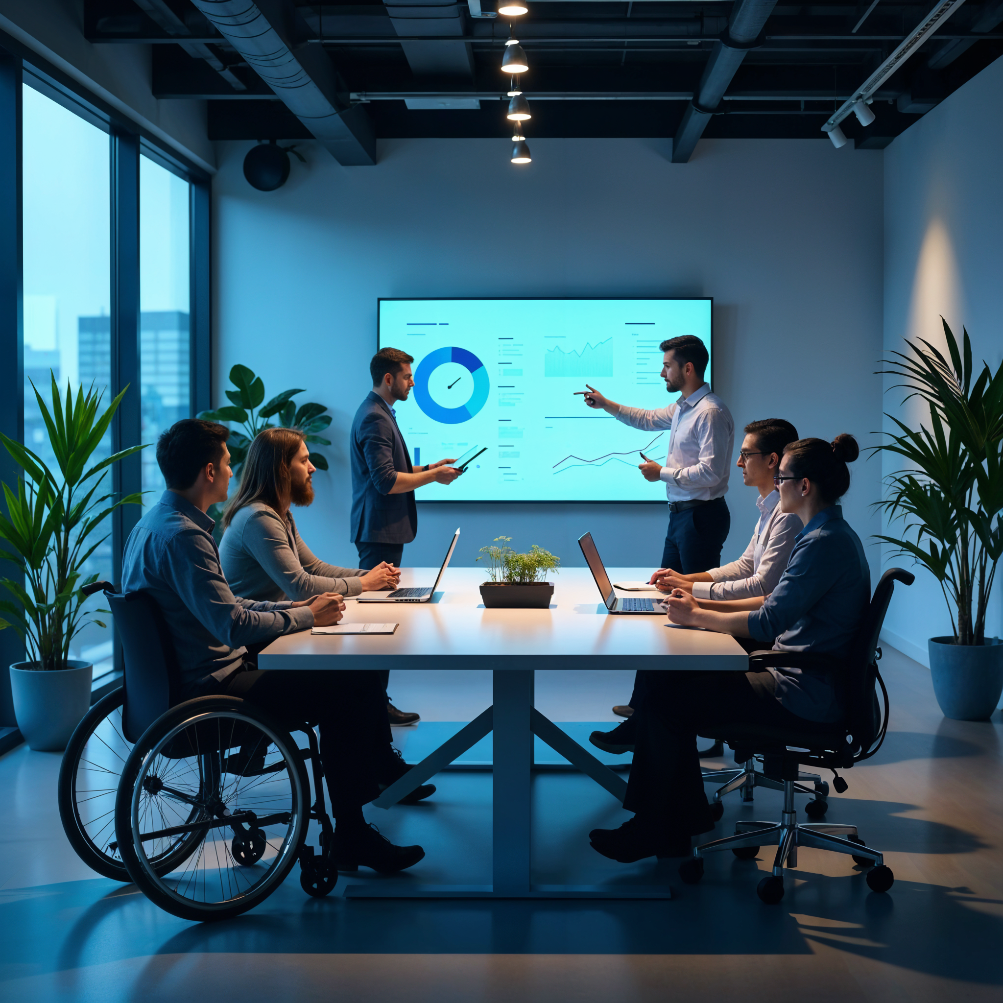 Accessibility Consultants Florida team in a modern office meeting, including a wheelchair user, discussing data on a screen.