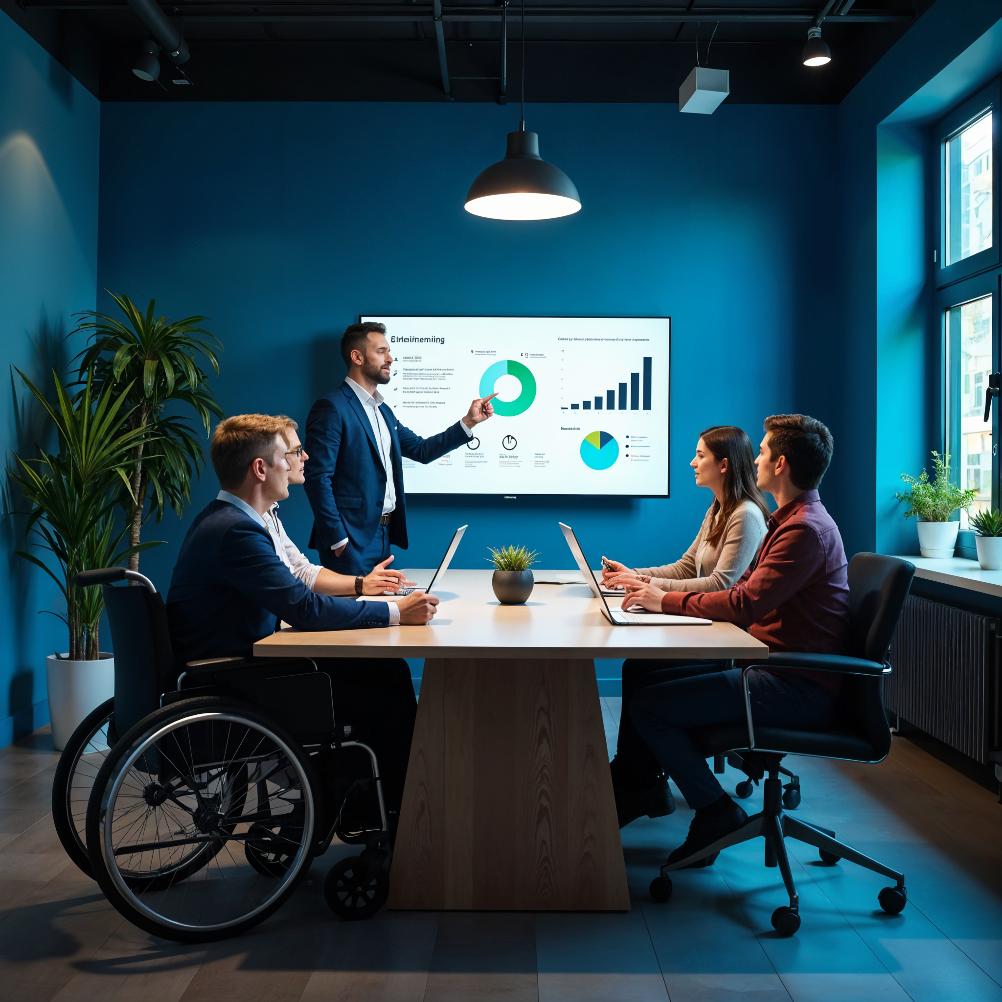 Accessibility consultants in California conducting a business meeting in a modern office, with a diverse team including a professional using a wheelchair, analyzing charts and data on a screen.