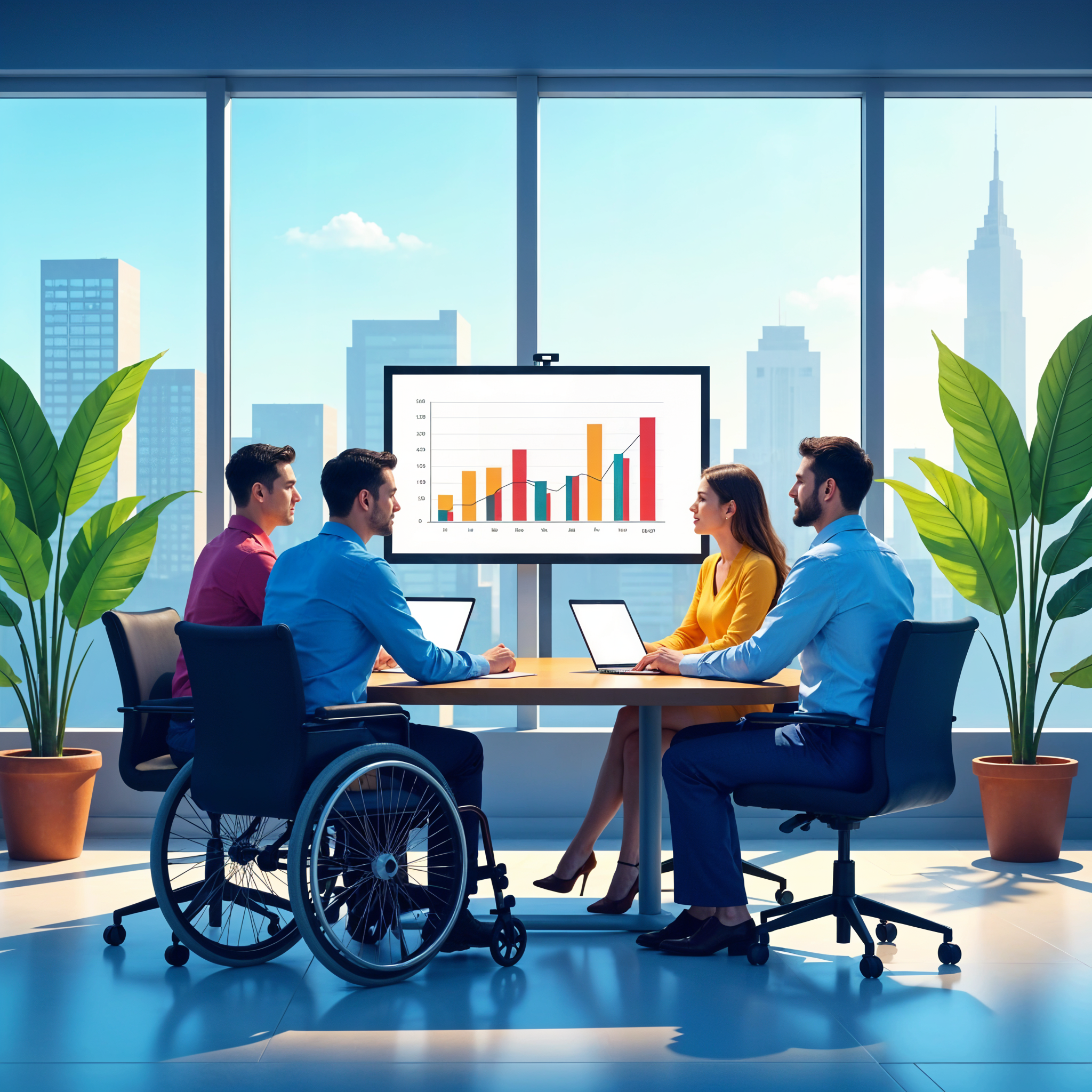 Accessibility Consultants Harlem conducting a professional meeting in a modern office with city skyline views, including a consultant in a wheelchair, discussing data charts on a screen.