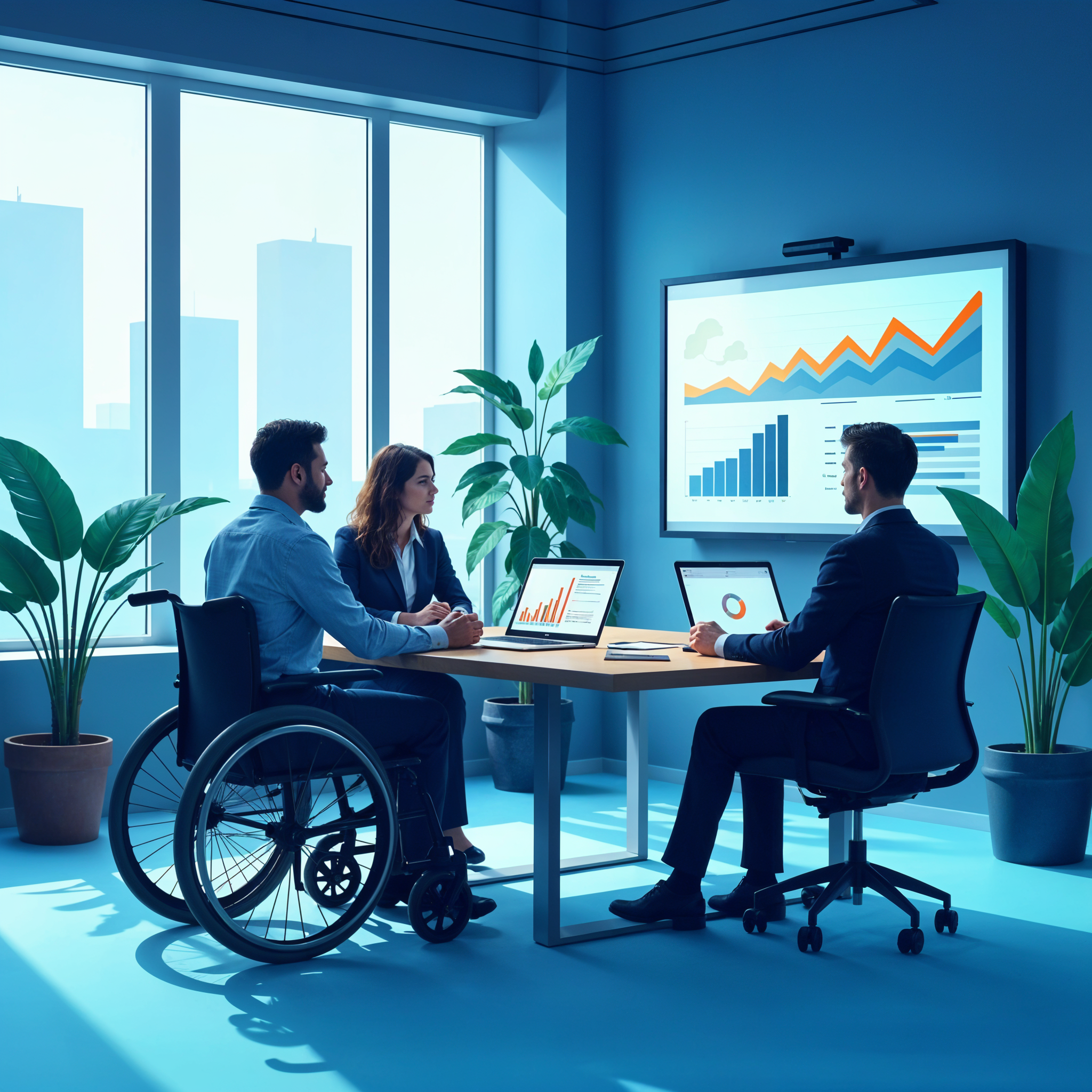 Accessibility consultants Williamsburg meeting around table with laptops and data charts in bright, wheelchair-accessible workspace.