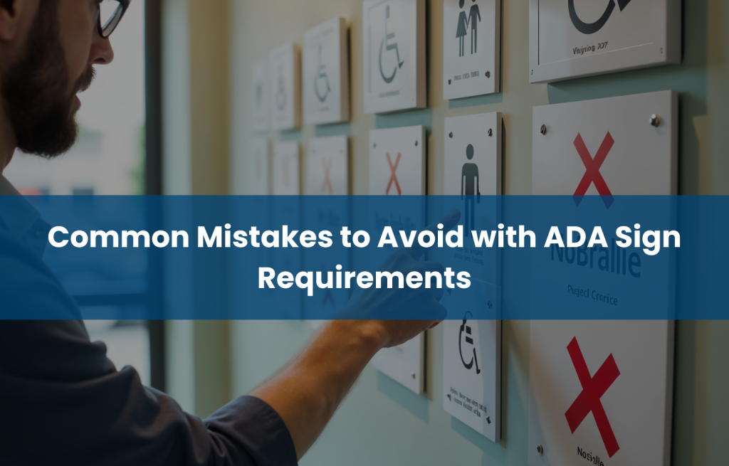 Person reviewing multiple wall signs, some marked incorrect for lacking braille or proper symbols—illustrating mistakes in ADA sign requirements.