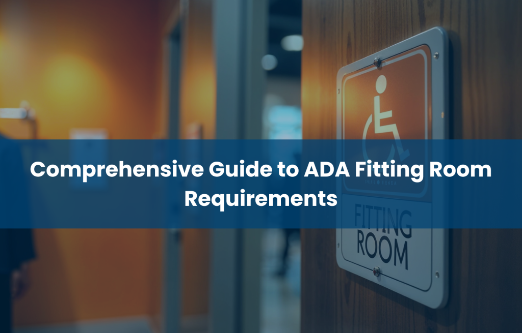 Close-up view of a fitting room door featuring an ADA accessibility sign in a clothing store, aligned with ADA fitting room requirements.