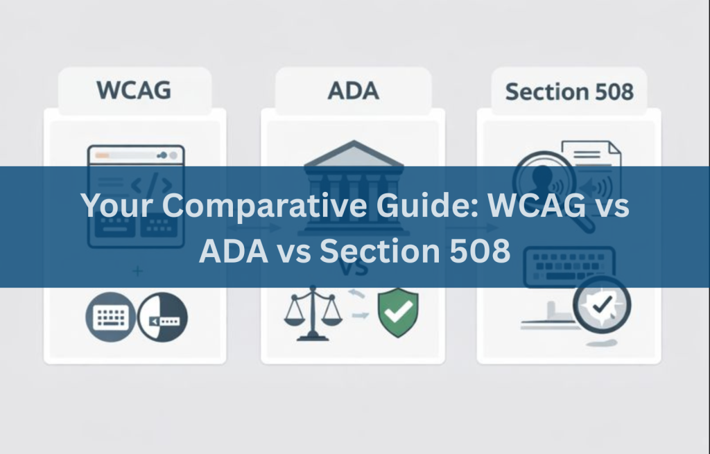 Visual comparison of WCAG vs ADA vs Section 508 shown as interlocking puzzle pieces with accessibility icons around them.