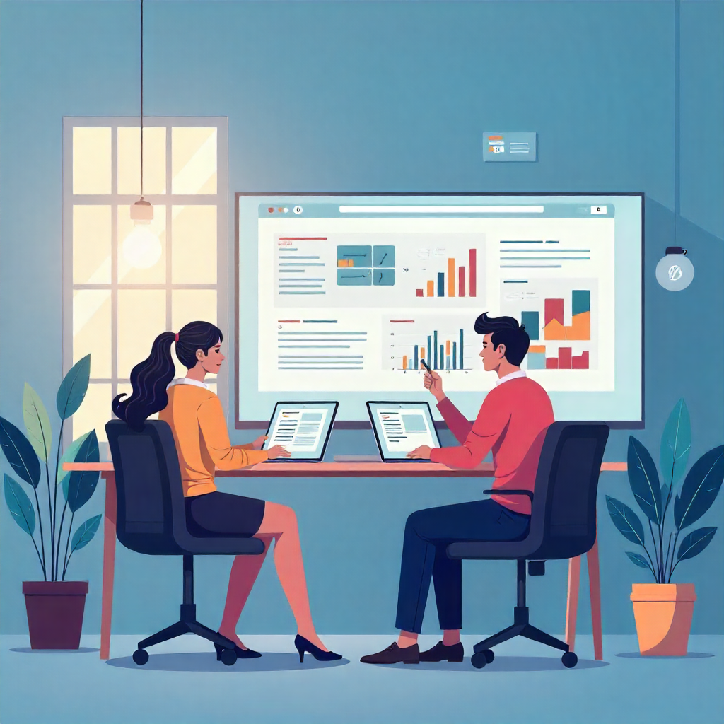 Team collaborating in an office with charts and graphs on a large screen, representing a WCAG Audit for website accessibility compliance.