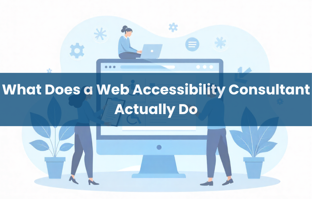 Illustration of web accessibility consultants reviewing a website on a large computer screen with accessibility icons and checklists, symbolizing digital accessibility and compliance.