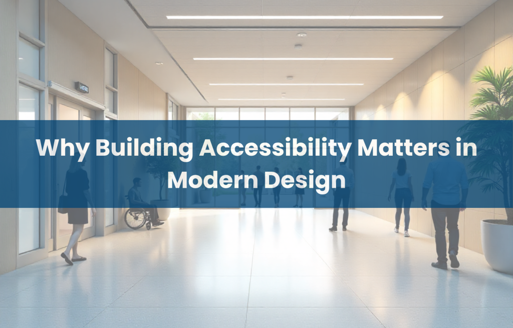 Modern office hallway demonstrating building accessibility with wide walkways, wheelchair access, and inclusive design for all visitors.