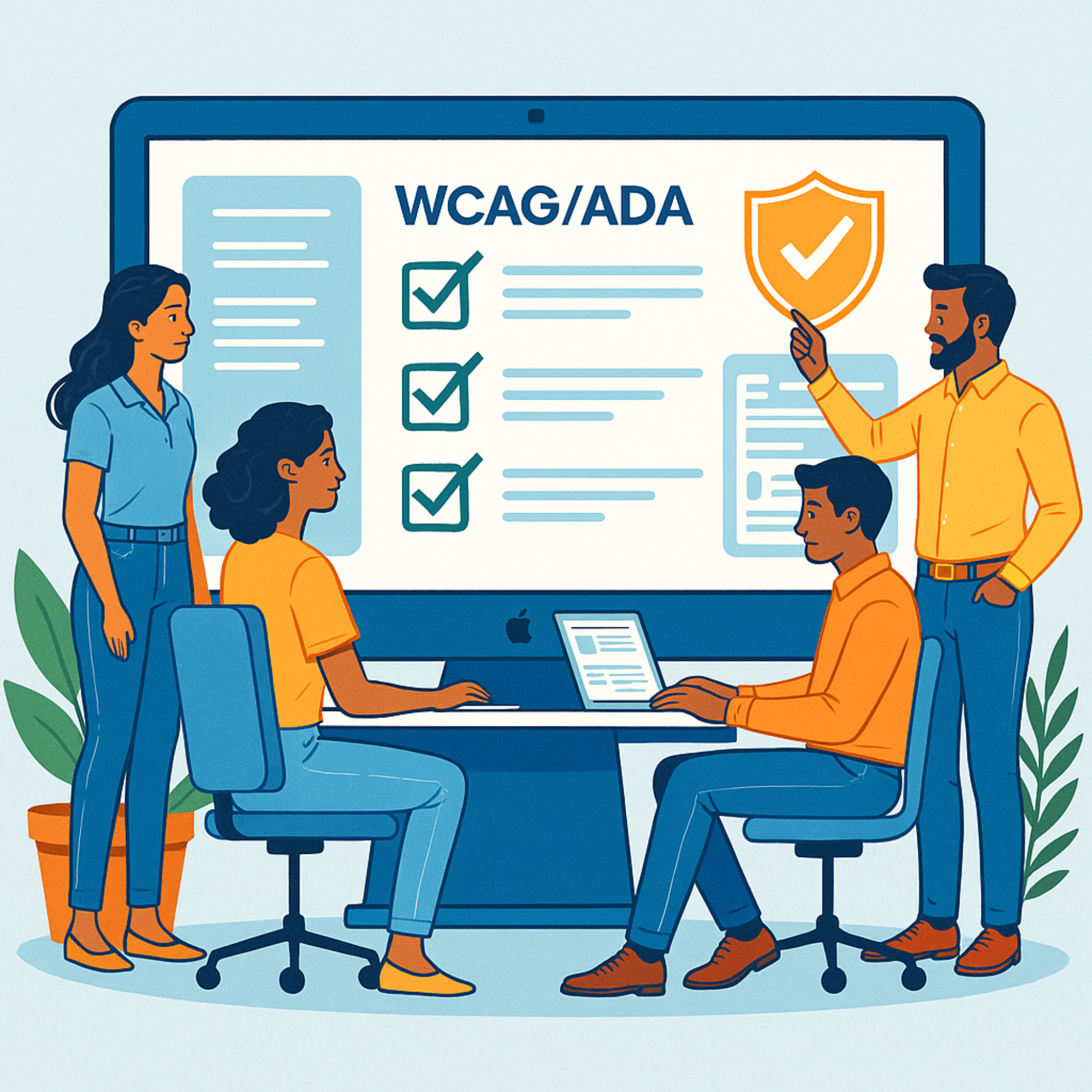 Team reviewing WCAG/ADA checklists as part of web accessibility compliance management.