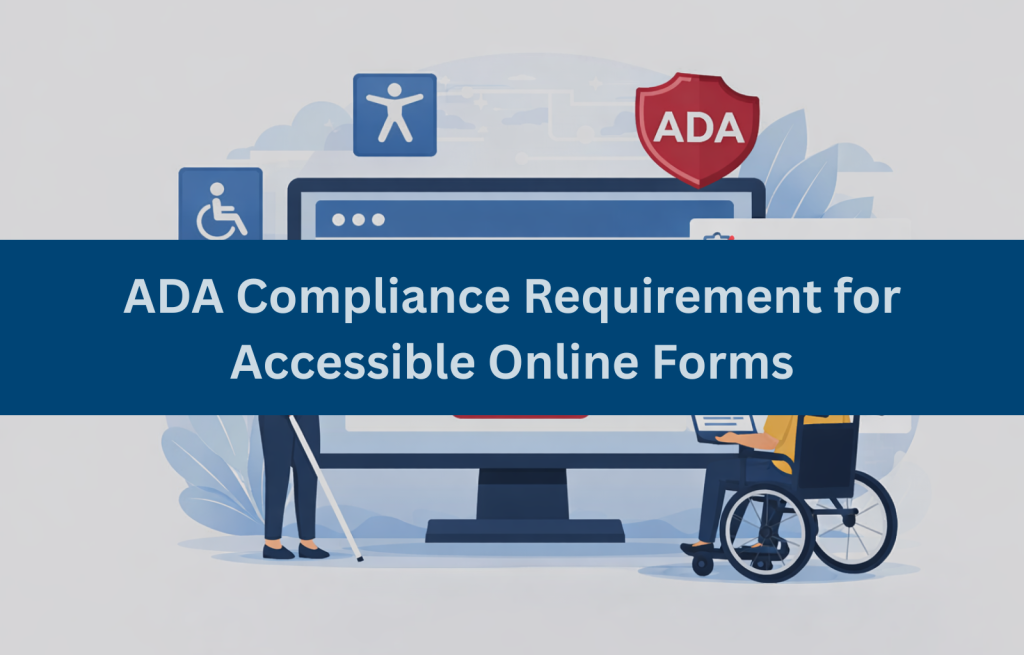Illustration of a user with visual impairment interacting with accessible online forms displayed on a computer screen.