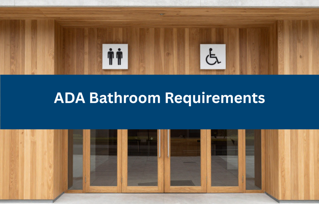 Public restroom entrance with accessibility symbols aligned with ADA bathroom requirements.