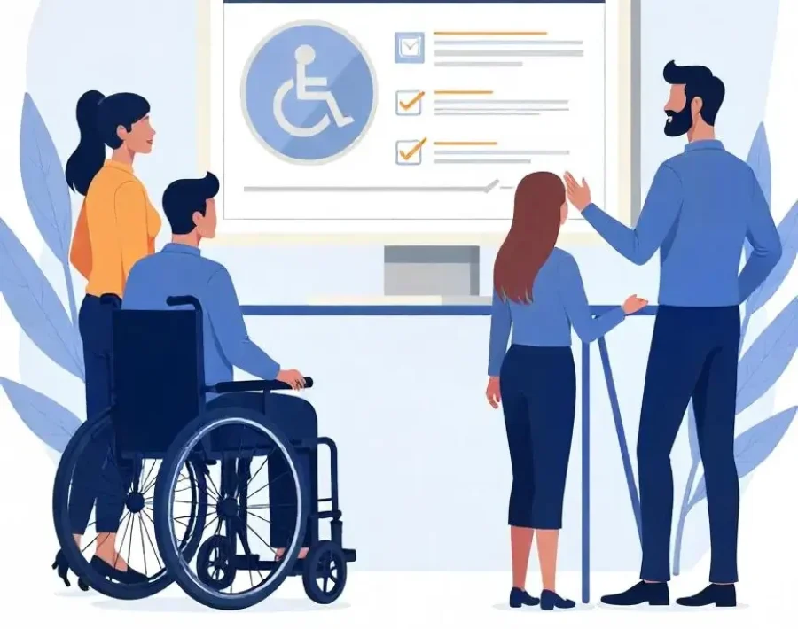 Accessibility Remediation Services: A group of four individuals engaging with a computer screen displaying accessibility features and options for users.