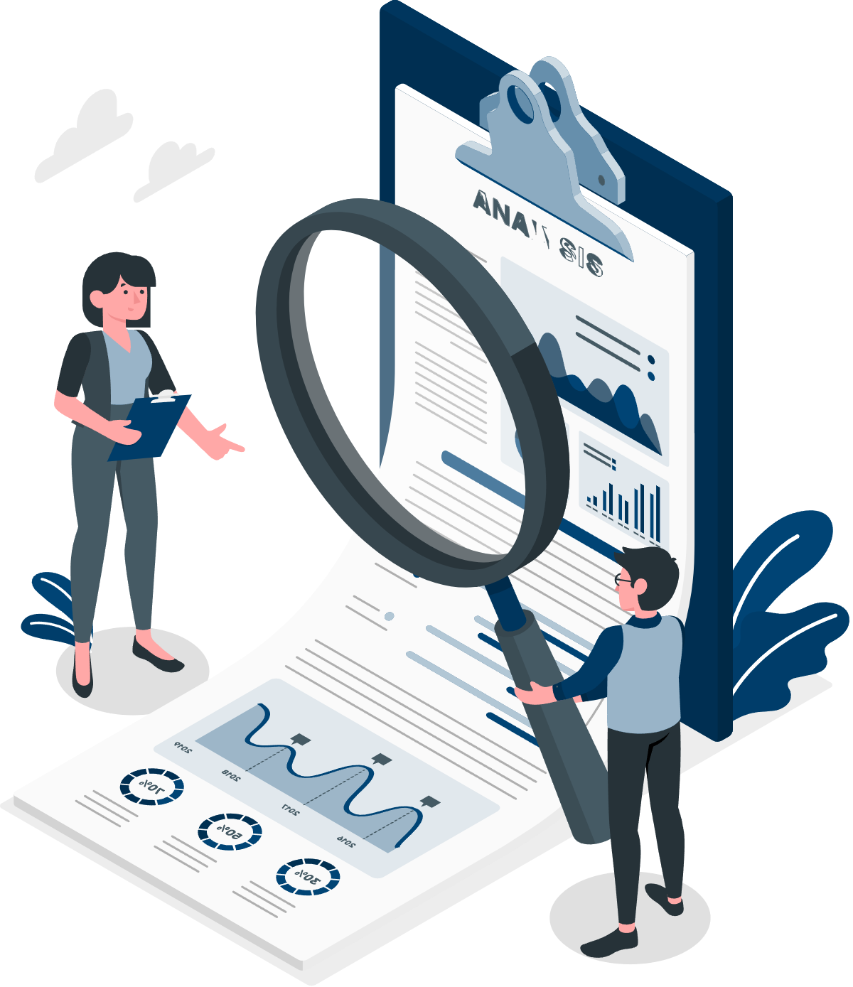 An illustration of a person holding a lens against a document showing PDF Remediation Services