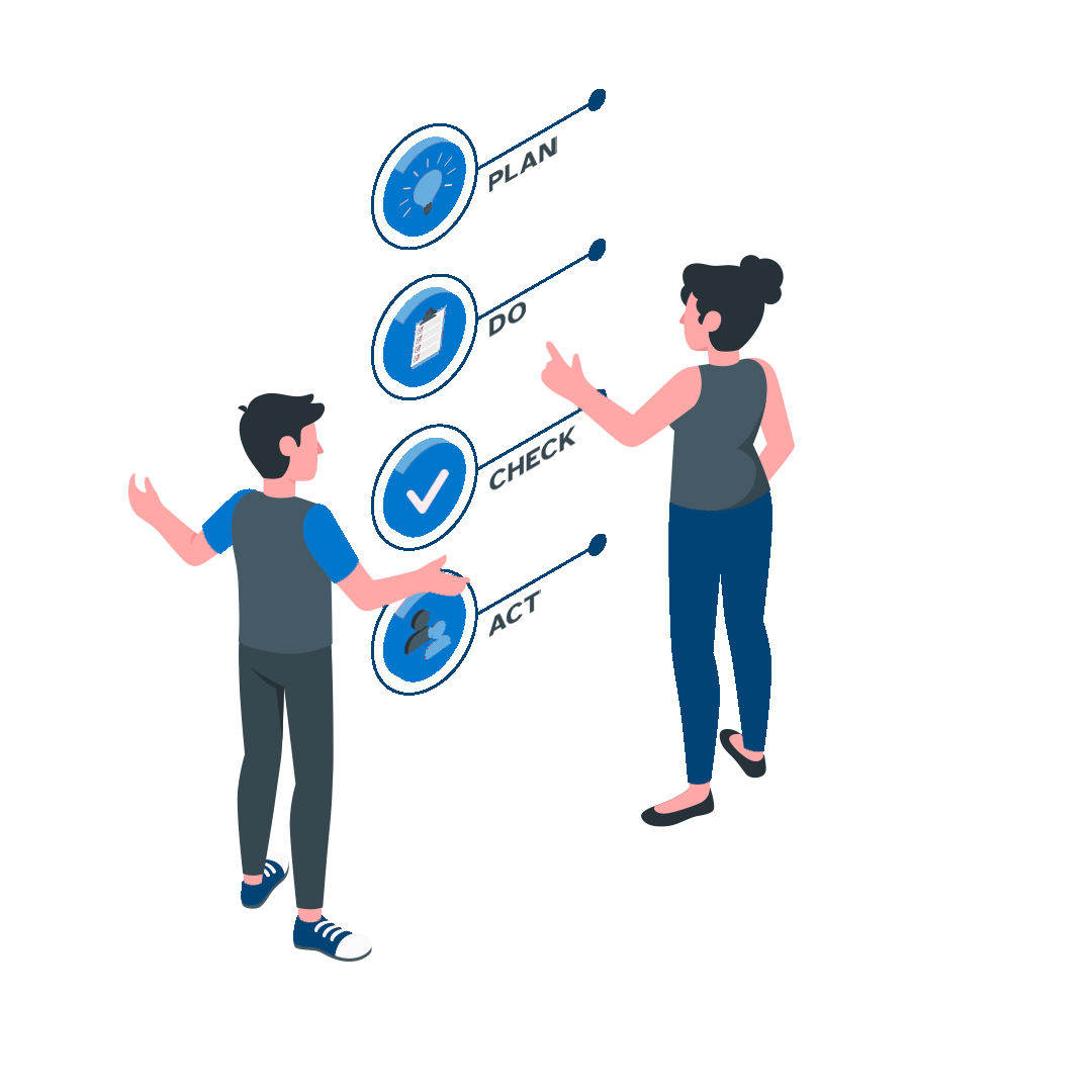 Two people on Accessibility Innovations platform, gesturing at Plan-Do-Check-Act cycle icons. Illustrates collaborative approach to accessibility projects
