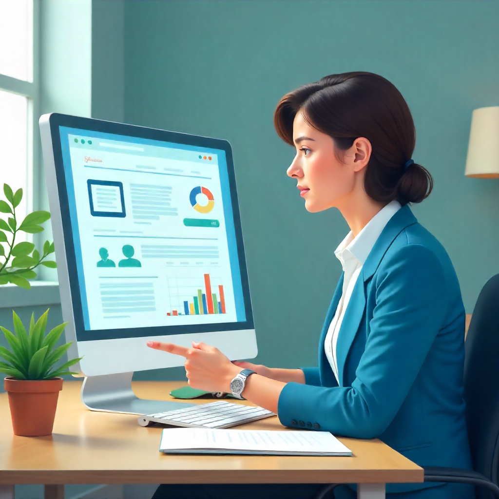Business professional reviewing website accessibility reports on a computer screen, ensuring WCAG compliance for digital content.