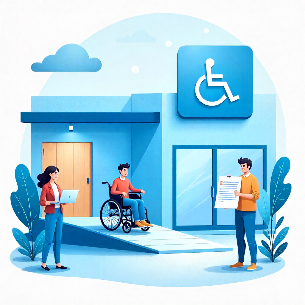 Building Accessibility Consultant guiding accessibility improvements, showing a person in a wheelchair using a ramp at an accessible building entrance.