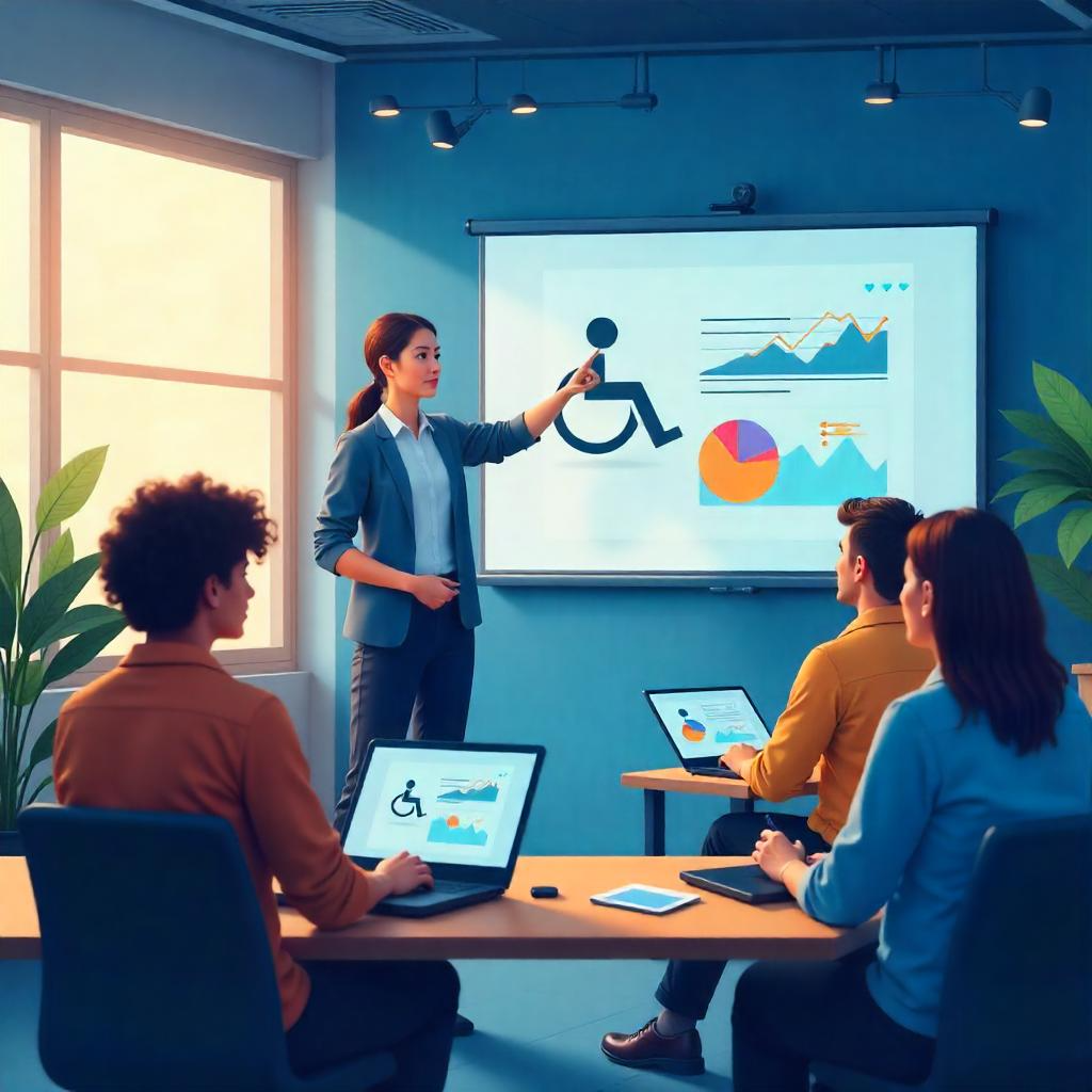 A woman conducting an accessibility training session in a modern conference room, presenting disability inclusion charts on a projector screen to a diverse group using laptops and tablets.