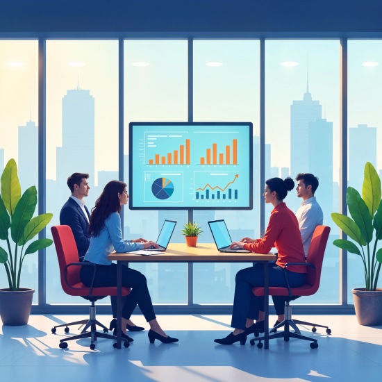 Accessibility Consultants Midtown team meeting in a modern office with city skyline view, professionals seated at a table with laptops, charts displayed on a screen.